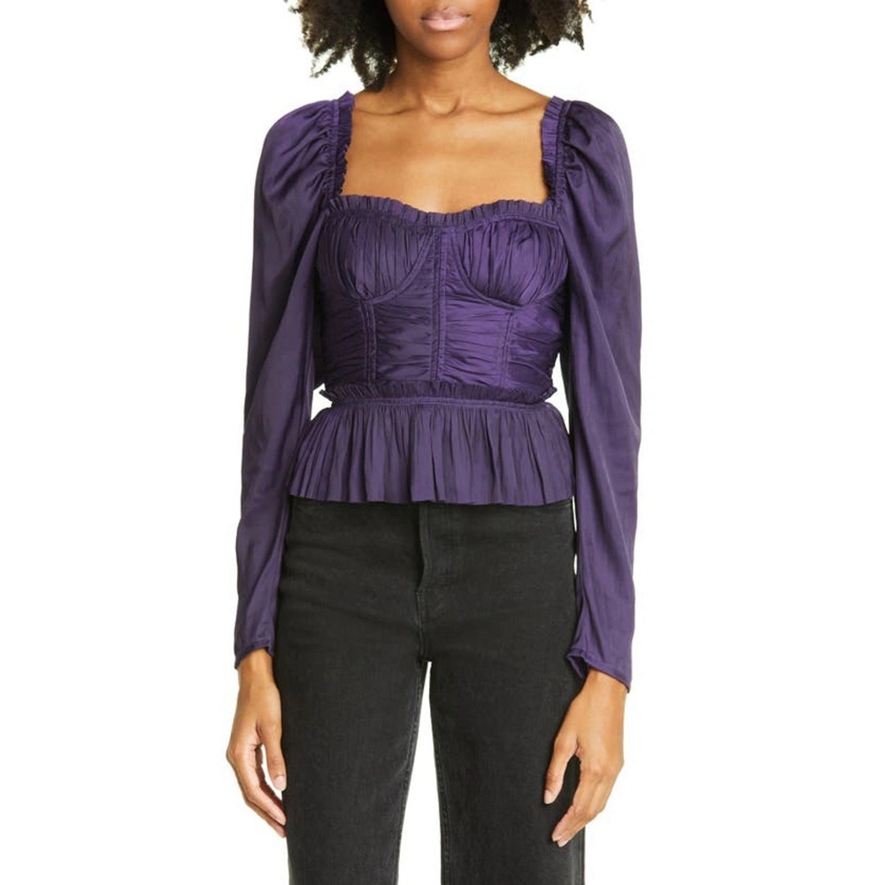 Ulla Johnson Mia Plisse Satin Corset Peplum Blouse sz 16 Plum Purple Ruched